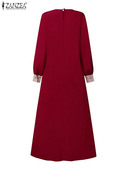 ZANZEA Mode Frauen Langarm Muslimischen Abaya Kleid Frühling Patchwork Maxi Kleider Robe Femme IsIamic Vestidos Lace Up Sommerkleid