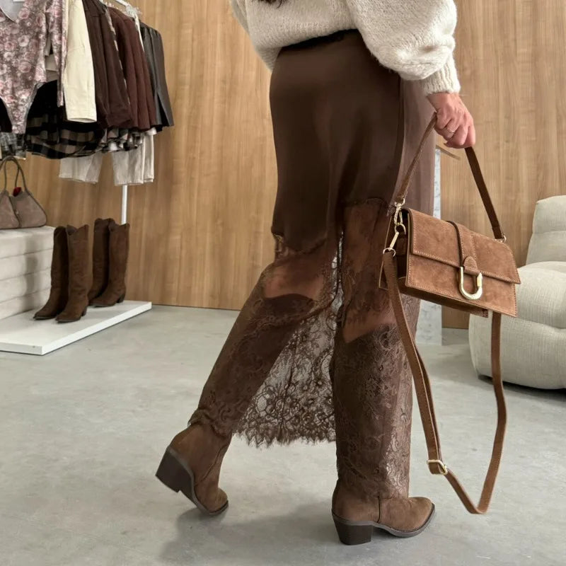 Tuularose Vintage Lace Skirts Fashion Lace Patchwork Sexy See Through Skirts High Street Elegant Party Streetwear Women's Skirts.