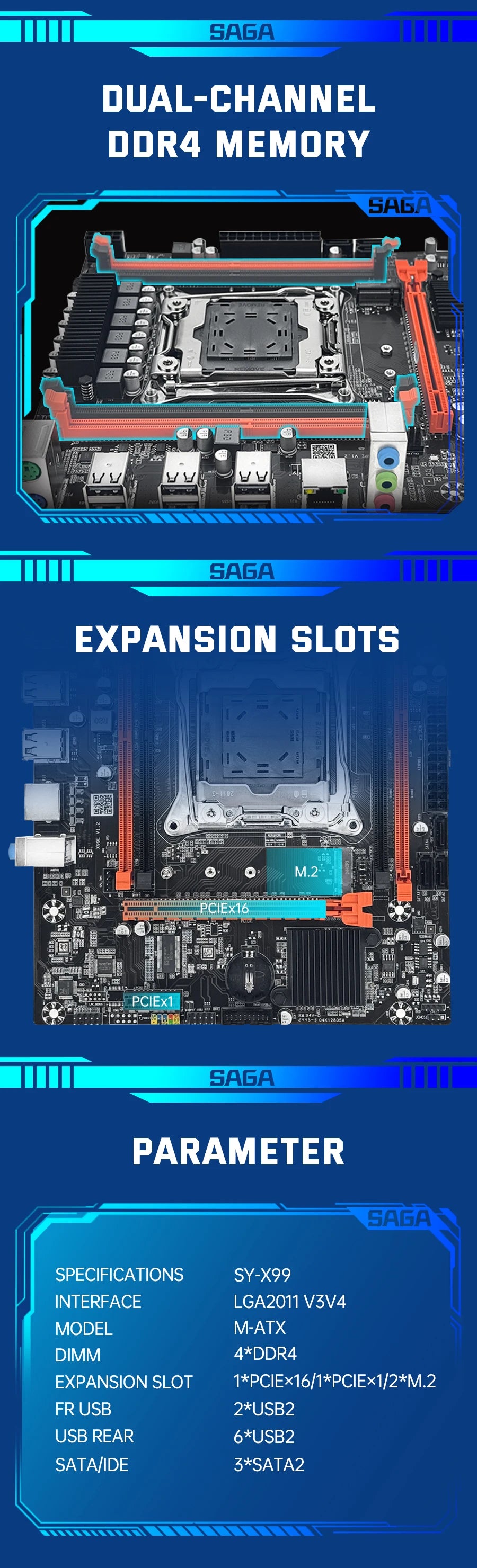 SOYO X99 Gaming Motherboard USB3.0 Dual Channel DDR4 Memory PCIEx16 LGA2011-3 Support M.2 NVME for Desktop Computer Components.
