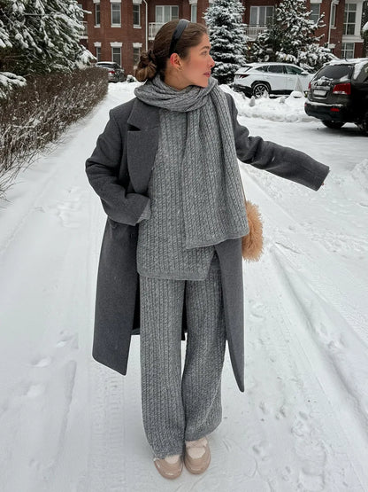 Bornladies Herbst Winter Mode frauen Neue Zopfmuster Pullover Breite Bein Hosen Set Weiche Wolle Mischung Lose Fit High Neck Pullover