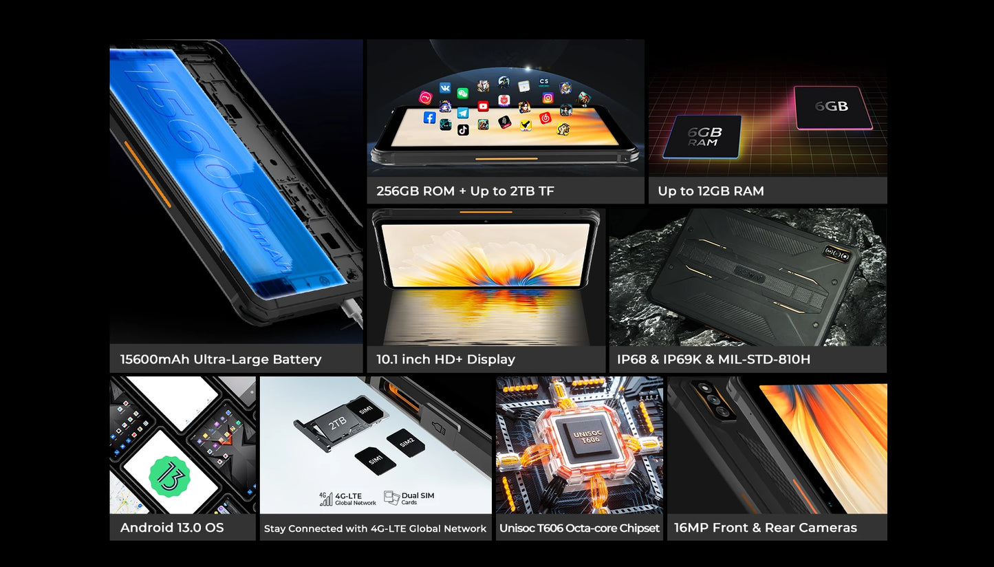 Rugged Tablets HOTWAV R7 12GB(6+6) 256GB 10.1'' 16MP+16MP Android 13.0 15600mAh large battery 20W Dual SIM 4G GPS.