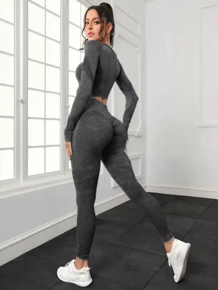 2 Piece Acid Wash Gym Set Women Seamless Long Sleeve Leggings Tracksuit Sports Fitness Suit Scrunch Workout Clothes Yoga Outfits