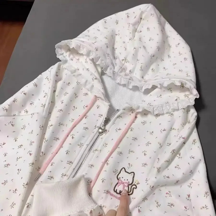 Katze Floral Lange Ärmeln Zipper Dünne Jacken 2025, Frühjahr Neue Hoodie Mantel Frauen Y2k Casual Alle-spiel Tops mujer Sweatshirt.