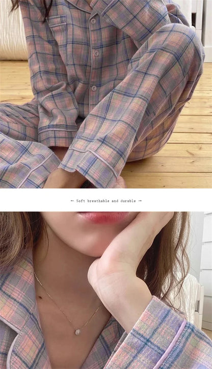 Pajamas Female Autumn and Winter Long-Sleeved Sweet Homewear Two-Piece Tide Cardigan Lapel Plaid Homewear 1.
