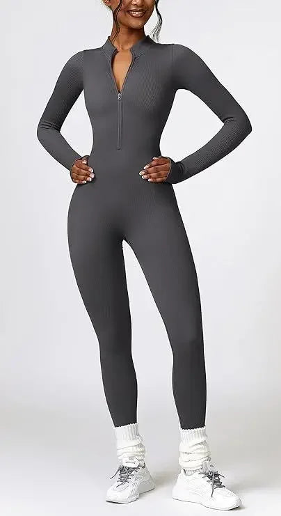 Seamless Long Sleeve Yoga Suit One-Piece Tightening Fitness Leisure Sports Jumpsuit with Zipper for Women.
