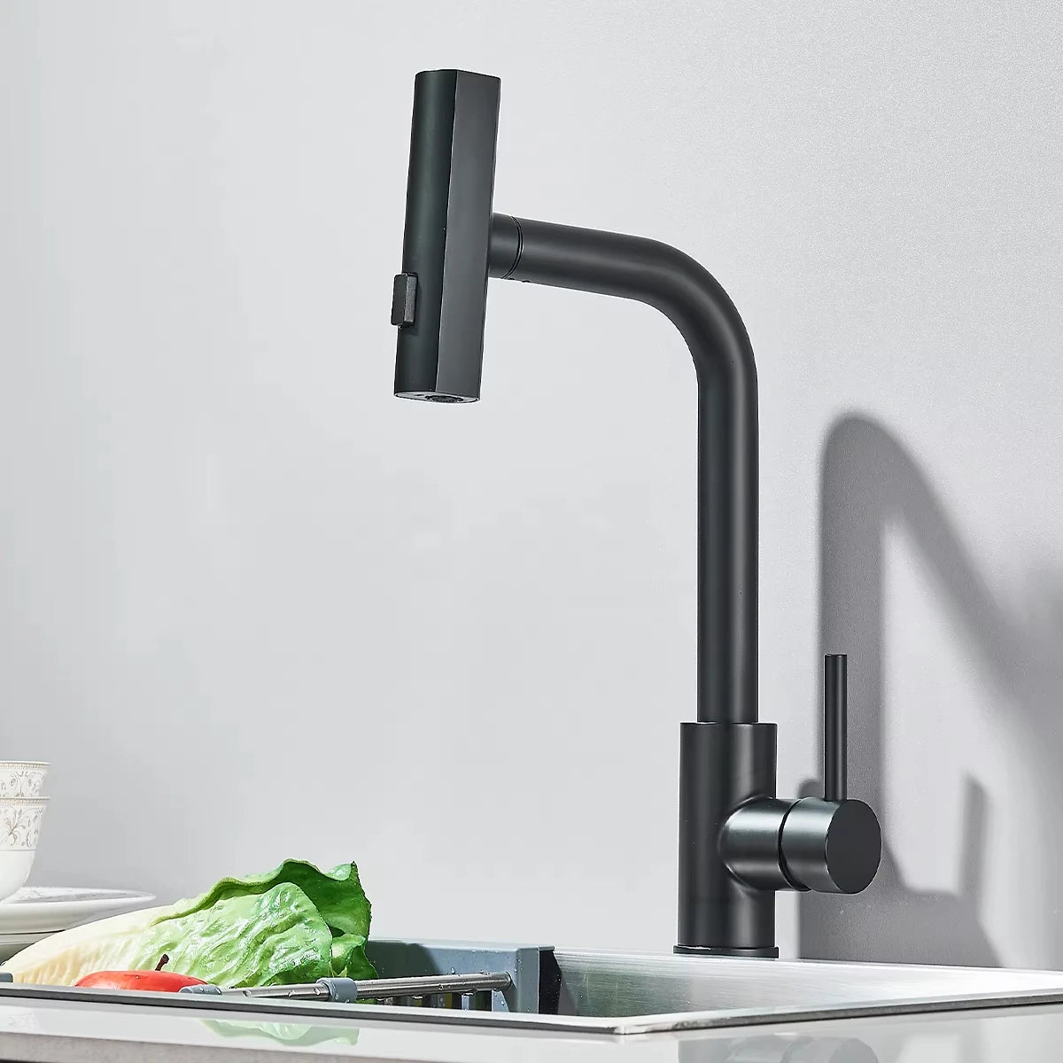 Gunmetal grey pull-out kitchen sink faucet, water flow spout, stainless steel, hot and cold water mixer, deck mounted faucet