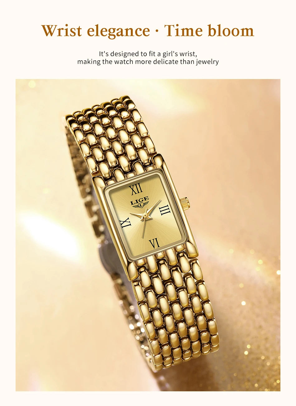 LIGE Silver Watch for Women Square Ladies Quartz Wristwatches Stainless Steel Women Small Gold Watch Luxury Casual Fashion Watch.