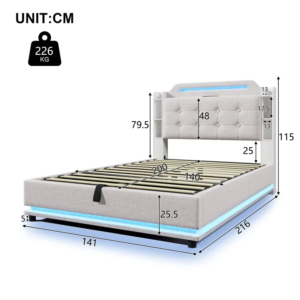 140*200cm Polsterbett mit LED-Lichtleiste und mehreren Ablagefächern, für Schlafzimmerwäsche, Beige (ohne Matratze)