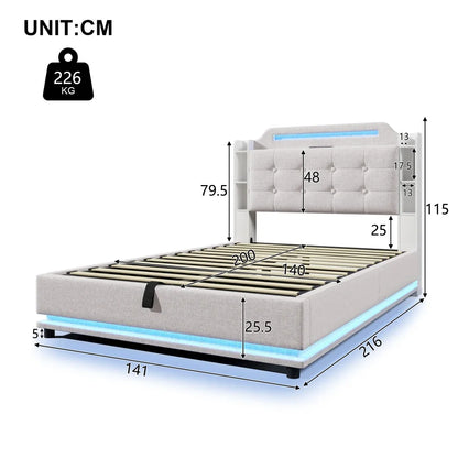 140*200cm Polsterbett mit LED-Lichtleiste und mehreren Ablagefächern, für Schlafzimmerwäsche, Beige (ohne Matratze)