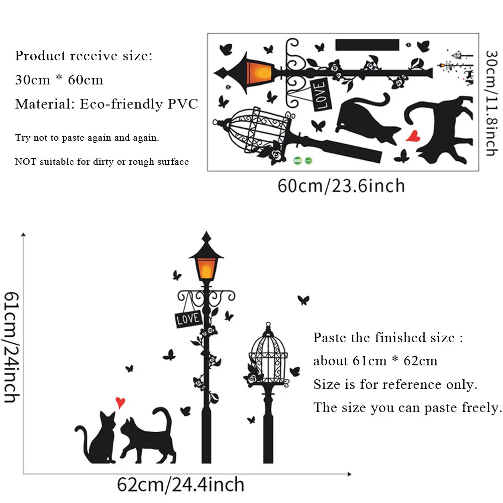 Cartoon Street Lamp Cat Wall Sticker Living Room Entrance Background Home Decoration Bedroom Decor Decal Self Adhesive Wallpaper.
