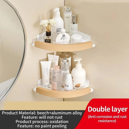 Badezimmer-Aufbewahrungsregal aus Holz und Aluminium, Aufbewahrungsregal für Badezimmer, perforationsfrei, Wandbehang, Waschtisch, WC, dreieckiges Eckregal
