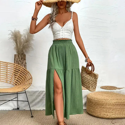Fairyshely Casual Green Split Long Skirt Women 2025 Summer Ruffle High Waist Midi Skirt Lady Elegant Solid A line Pleated Skirt.