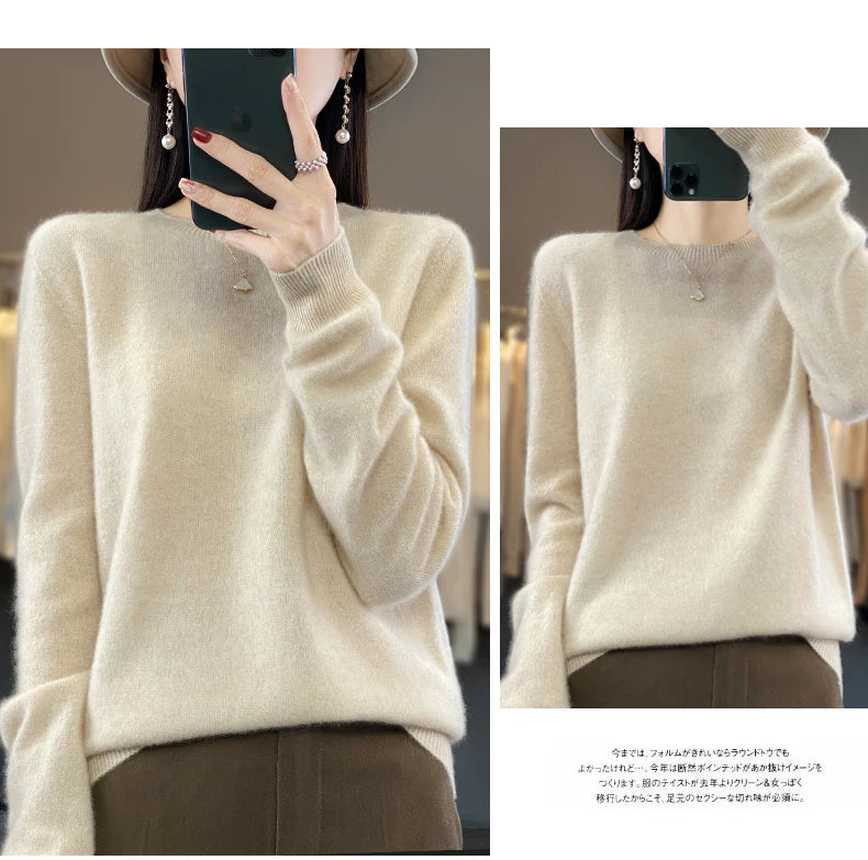 100% Merino Wool Sweater Women O-neck Cashmere Knitwear Female Pullover Autumn Winter Casual Tops Solid Color Soft  Clothing.
