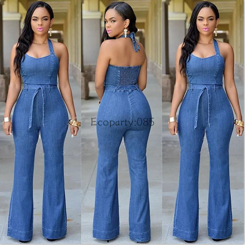 Temperament Women's One-piece Pants Sexy Fashion Jeans Ladies Slim Casual High Waist Jumpsuit With Belt Long Pants For Female.