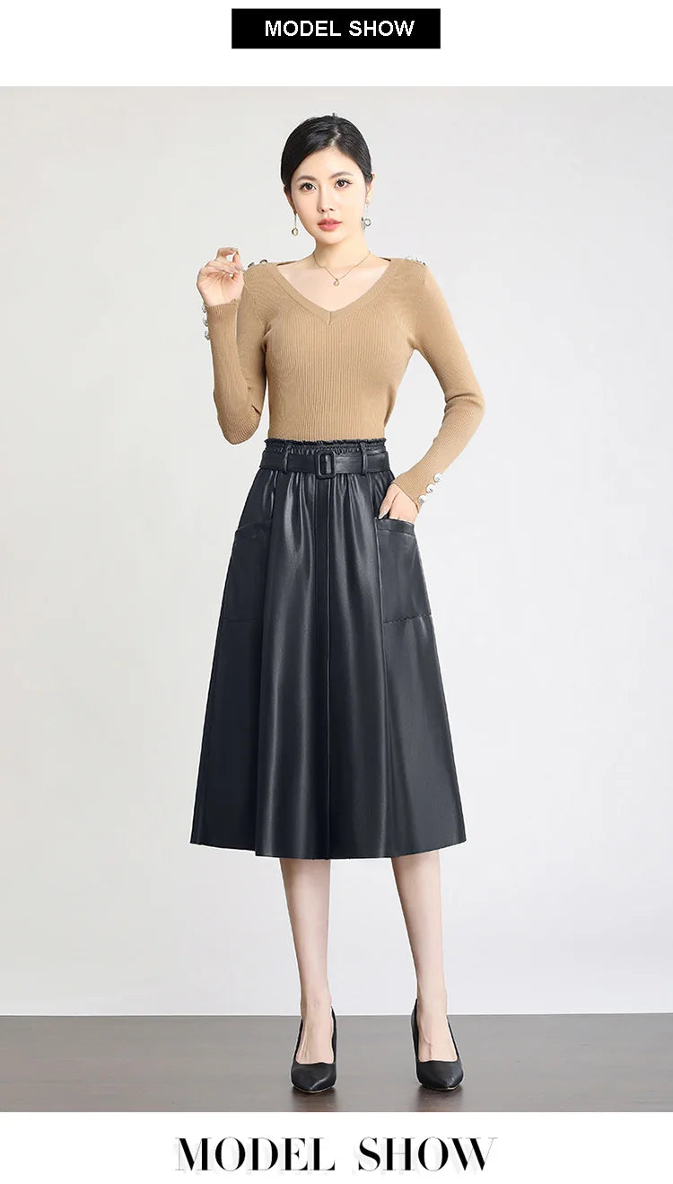 S-5XL New Women Plus Size Leather Skirt Spring Autumn Fashion Stretch Waist A-Line Loose Long Skirt Split Leather Sheepskin.