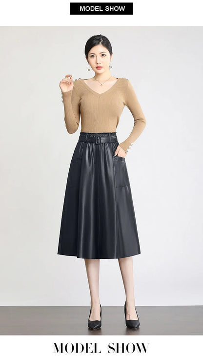 S-5XL New Women Plus Size Leather Skirt Spring Autumn Fashion Stretch Waist A-Line Loose Long Skirt Split Leather Sheepskin.