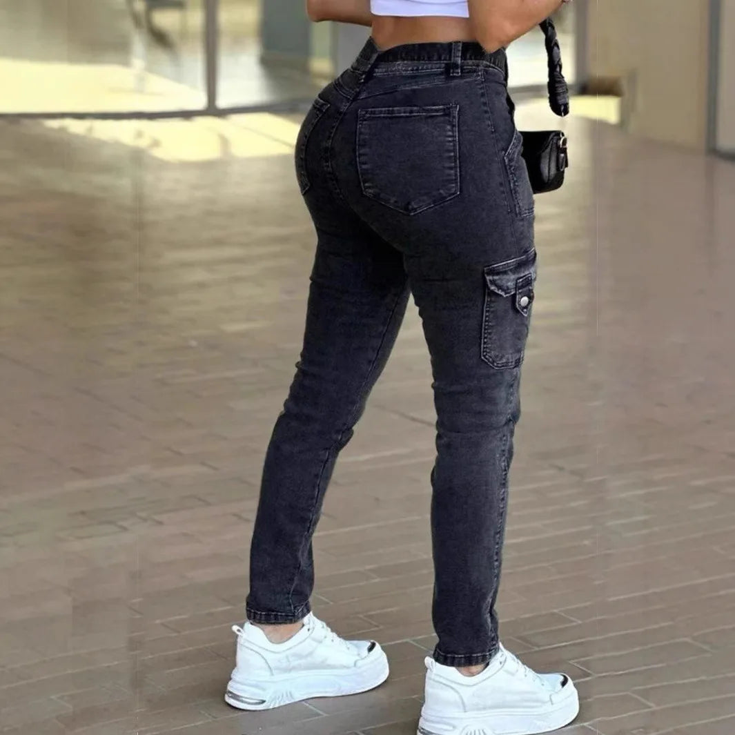 Europe and The United States Foreign Trade New Belt Women's Classic Sexy Tight Small Foot Pants High Spring Washed Cargo Jeans.