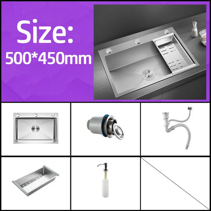 Handgefertigtes silbernes Küchenspülbecken aus Edelstahl 304, herunterziehend, Einzelschüssel-Waschbecken mit Abflussset