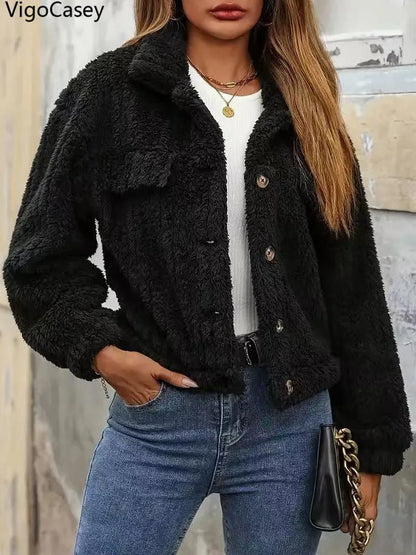 VigoCasey 2025, Herbst Winter Frauen Schwarze Jacke Einreiher Langarm Dicken Plüsch Warme Mantel Solide Dame Beiläufige Kurze Mantel