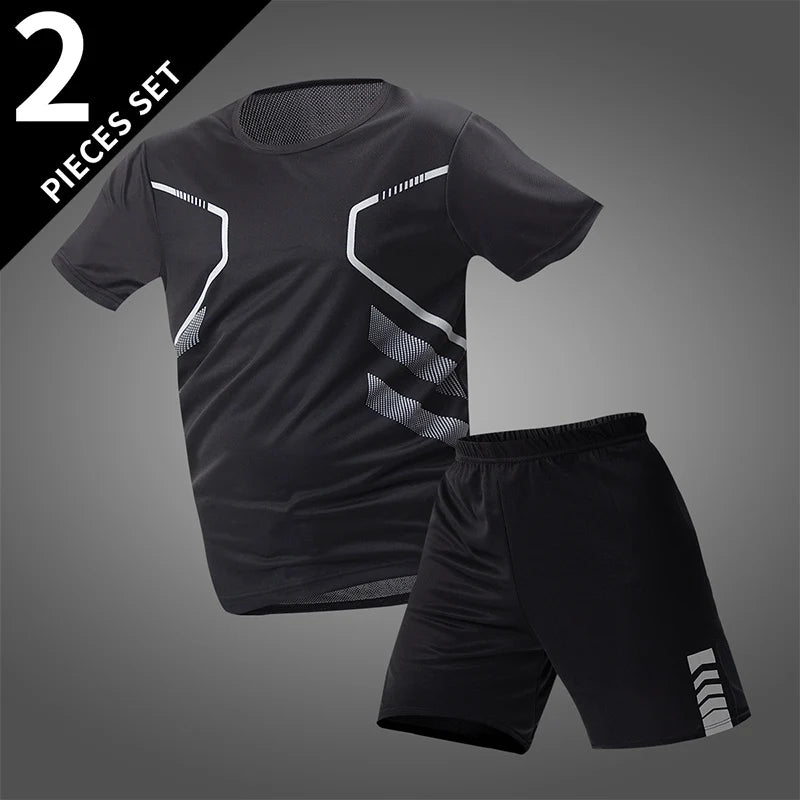 2-pcs Men's Quick-drying Exercise Black-and-white Suit Running Fitness Breathable Short Sleeve Comfortable Joker Playing Shorts