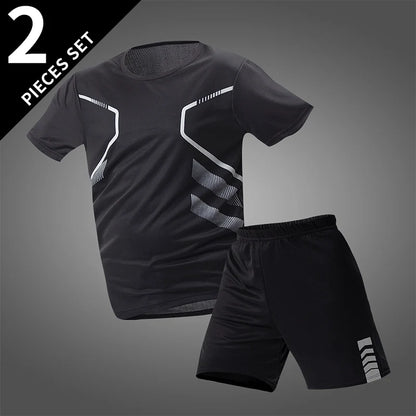 2-pcs Men's Quick-drying Exercise Black-and-white Suit Running Fitness Breathable Short Sleeve Comfortable Joker Playing Shorts