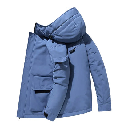 2025 new men's workwear down jacket, winter hooded warm jacket, multi pocket windproof down jacket, trendy down jacket.