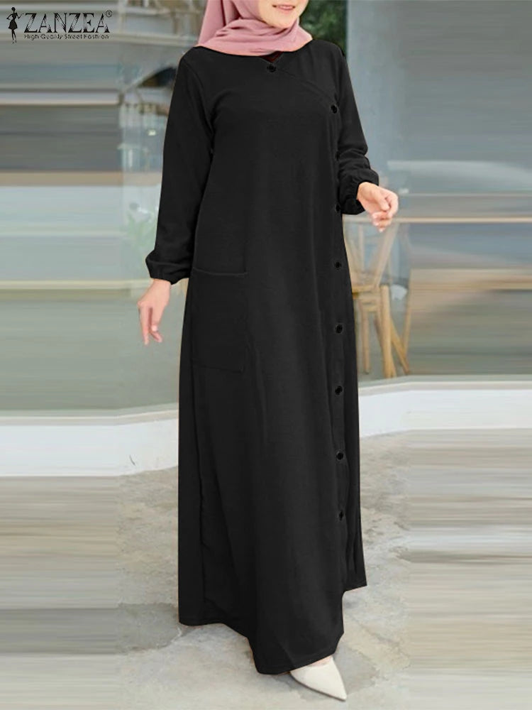 ZANZEA Muslim Casual Loose Long Dresses Textured O Neck Buttons Long Sleeve A-line Vestidos Women 2024 Islamic Hijab Abaya Robes.