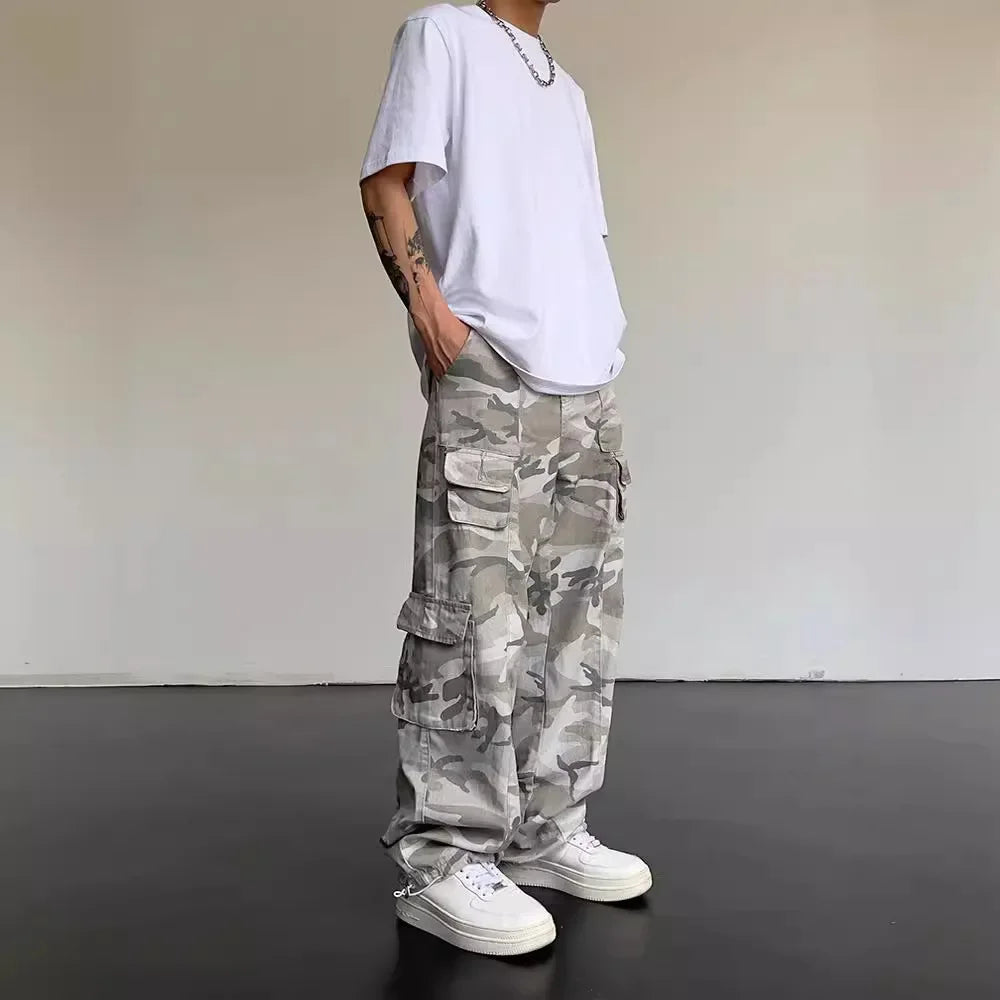 Vintage Amerikanischen Stil Camouflage Hosen männer Lose Gerade Bein Cargo Hosen Casual Hosen Hip Hop Streetwear Waschen.