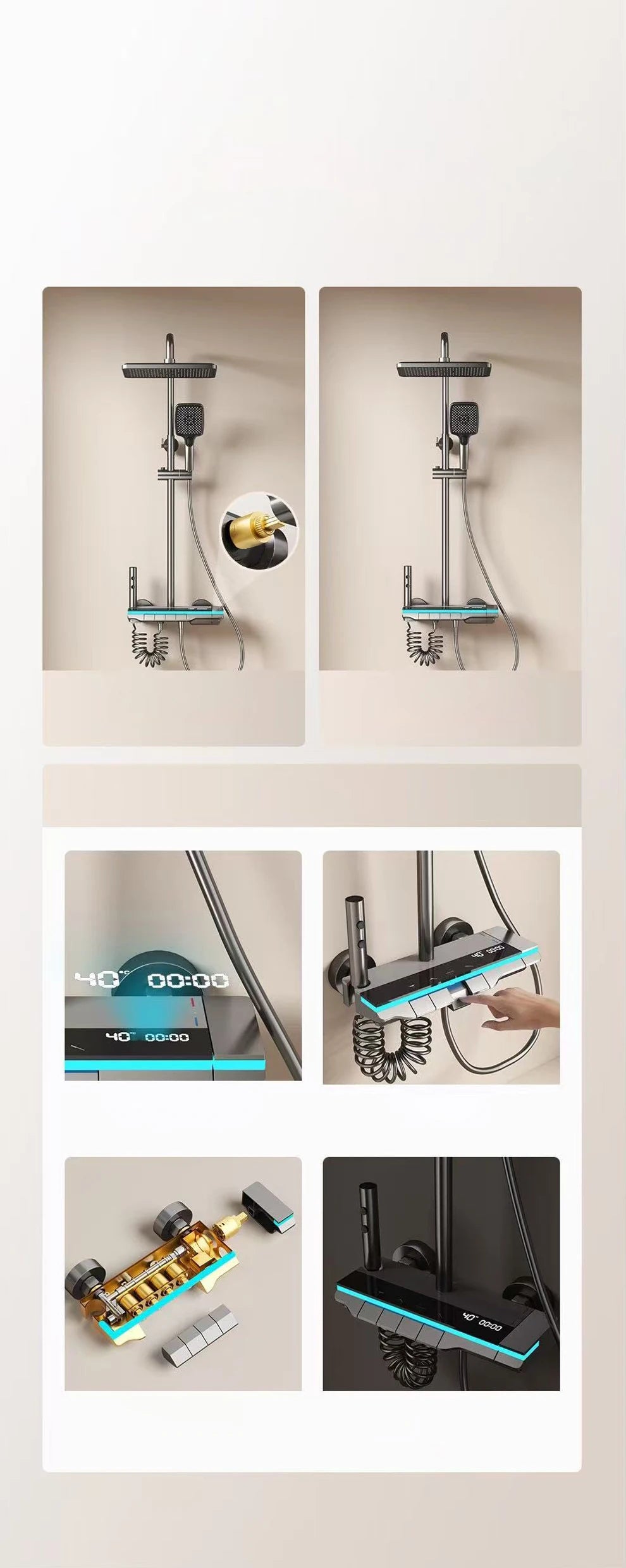 Bathroom Shower System Brass Mirror Surface Temperature-Controlled for Bathtub Faucet with Digital Display, LED Strip