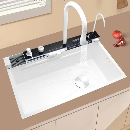 Stainless Steel Kitchen Sink with Hot Cold Pull Out Kitchen Sink Faucets Digital Large Single Bowl Waterfall Rain Kitchen Sinks