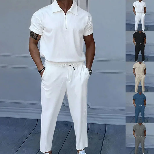 Summer New Large Size Men's Pure Color Set with Collar Short Sleeve Zipper Long Pants Suitable for Various Occasions.