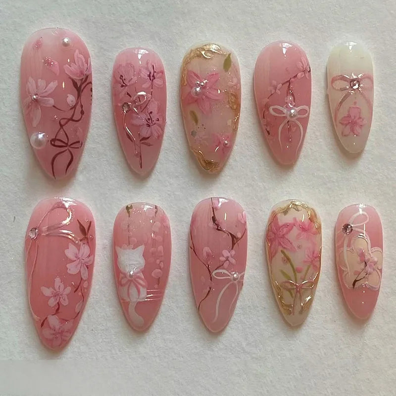 24pcs Sweet False Nail Patches Detachable Fake Nail Tips With Bowknots Love Heart Pearl Design Pink Almond Korean Press On Nail.
