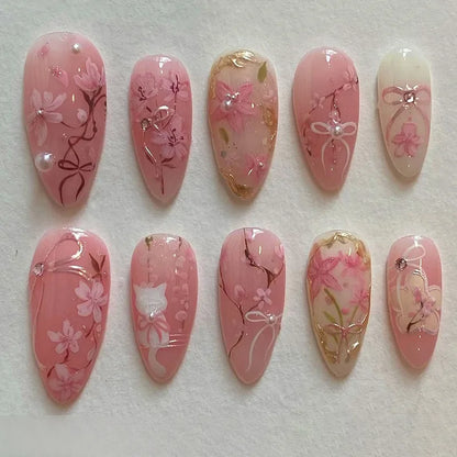 24pcs Sweet False Nail Patches Detachable Fake Nail Tips With Bowknots Love Heart Pearl Design Pink Almond Korean Press On Nail.