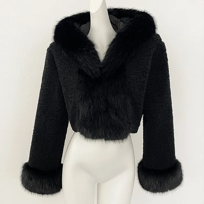 OFTBUY Lammwolle Weibliche Herbst Warme Dicke Faux Pelz Jacke Künstliche Winter Kleidung Frauen Mit Kapuze Kurze Pelzmantel Umweltfreundliche