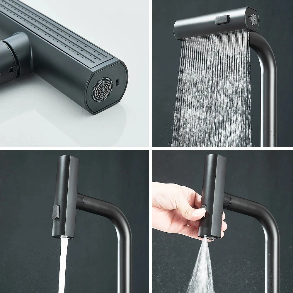 Brushed/Black Kitchen Faucet Pull Out Swivel Waterfall Sprayer Sink Mixer Faucet Brushed Nickel Faucet