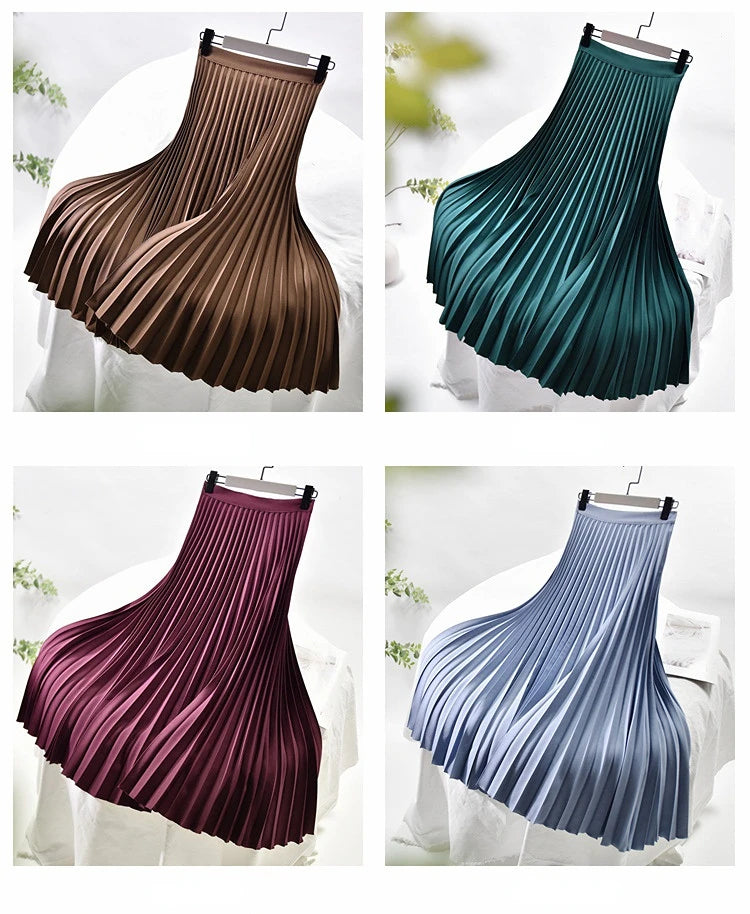 Looks Thin Pleated Skirt 2025 New High Waist A-line Skirt Mid-length Big Size Plaid Skirt Long Pleated Skirt Length 75-90cm.