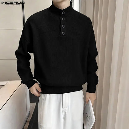 INCERUN Men Pullovers Solid Color Knitted Turtleneck Long Sleeve Male Sweaters Streetwear Knitted Fashion Casual Men Clothing.