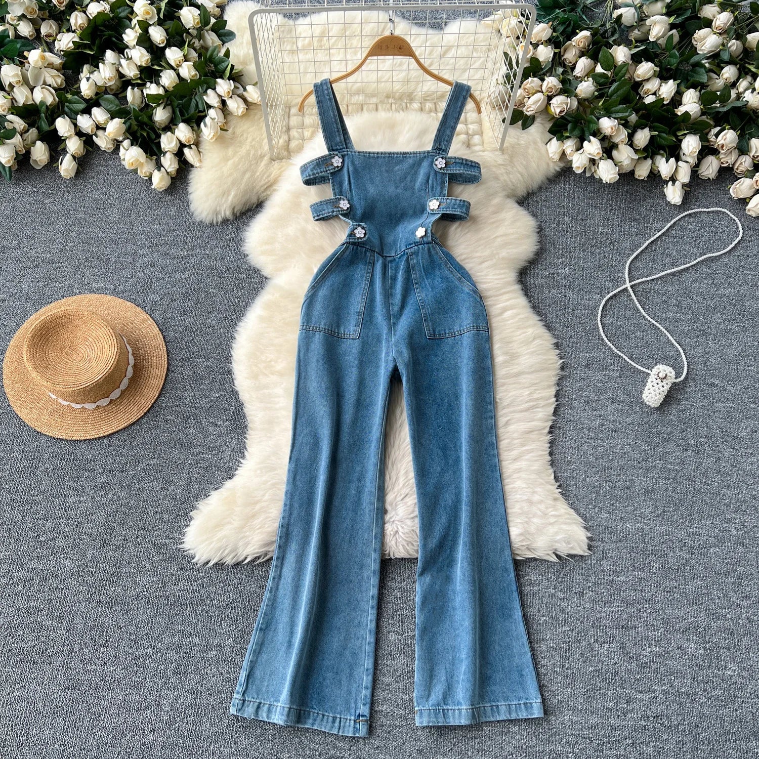 Jumpsuits Women Denim Suspender Jeans One Piece Wide Leg Pants Washed Mom Distressed Pockets Trousers Summer 2025 Streetwear.