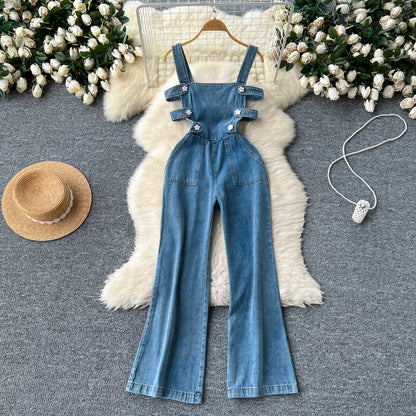 Jumpsuits Women Denim Suspender Jeans One Piece Wide Leg Pants Washed Mom Distressed Pockets Trousers Summer 2025 Streetwear.