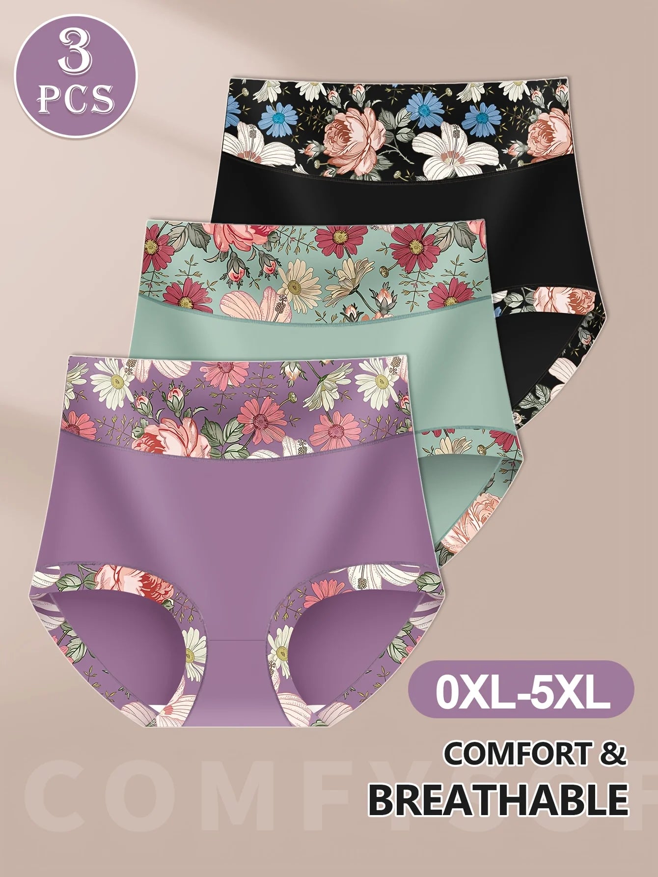 3pcs Plus Size High-Waist Shapewear Panties for Women - Tummy Control & Butt Lift, Comfort Fit with Elegant Floral Print.