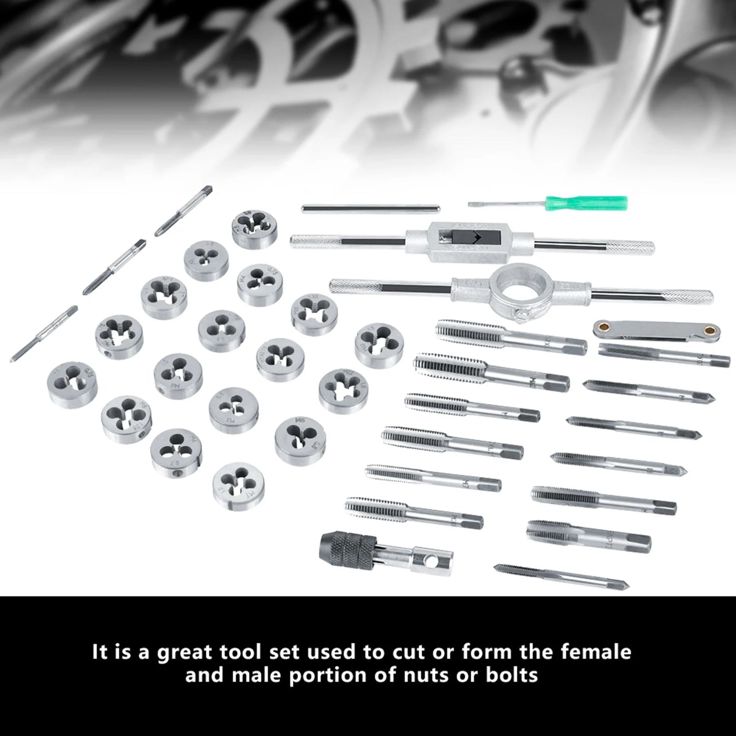 40-teiliges Gewindebohrer- und Matrizenset M3-M12 Schraubenmutter mit Schraubenschlüsseln und Gewindelehre, wärmebehandelt 45 #   Stahlhähne, Matrizen aus legiertem Stahl, Handwerkzeuge