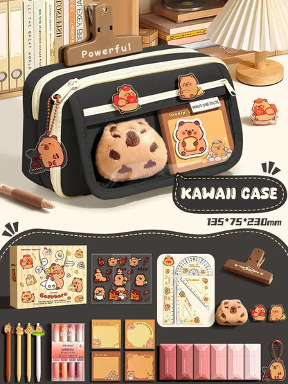 Große Kapazität Bleistift Tasche Capybara Cartoon Leinwand Schreibwaren Halter Tasche Mit Broschen Aufkleber Clips Schlüsselanhänger Kinder Stift Fall.