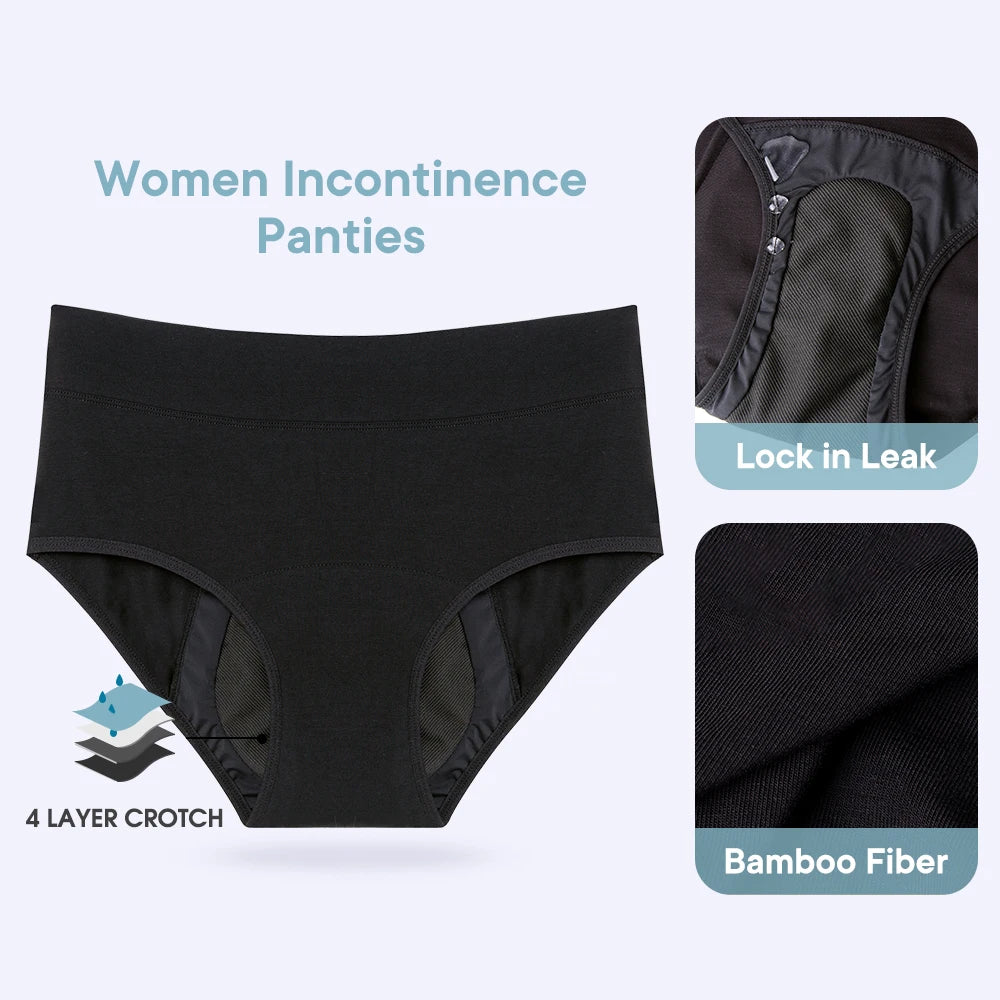 Women Incontinence Underwear Bamboo Fibre High Absorbency Reusable Washable Leakproof Panties for Bladder Leakage.