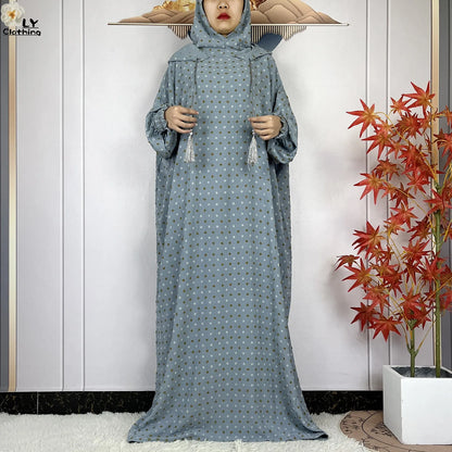 2024New Pure Cotton Ramadan Muslim Two-Hat Abaya Dubai Turkey Islam Prayer Clothes Loose Robe Islamic Women Traditional Clothing