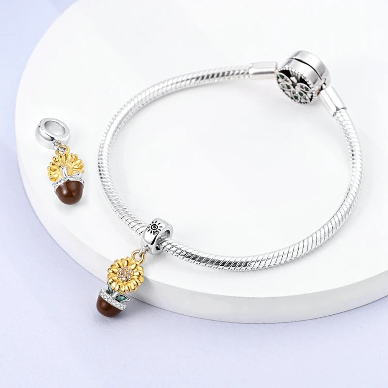 Flowers Series 925 Sterling Silver Sunflowers Tulip Carnation Charms Fit Original Bracelet  For Women Jewelry Making