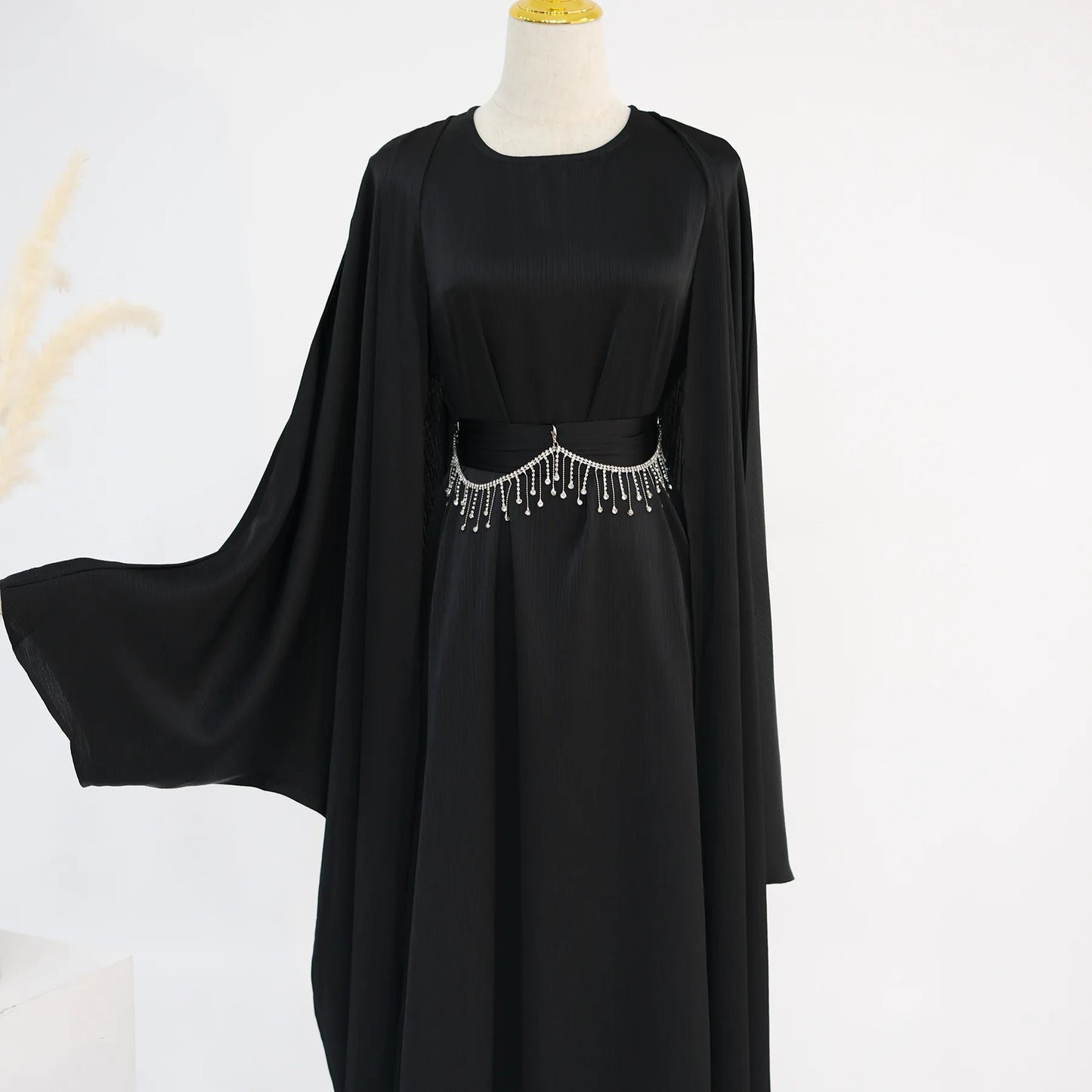 Ramadan Muslim Women 2 Piece Set with Chain Party Dresses Abaya Eid Jalabiya Sashes Diamond Morocco Dubai Kaftan Cardigan Robe.