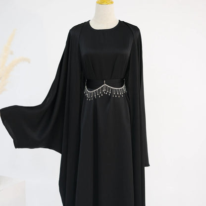 Ramadan Muslim Women 2 Piece Set with Chain Party Dresses Abaya Eid Jalabiya Sashes Diamond Morocco Dubai Kaftan Cardigan Robe.