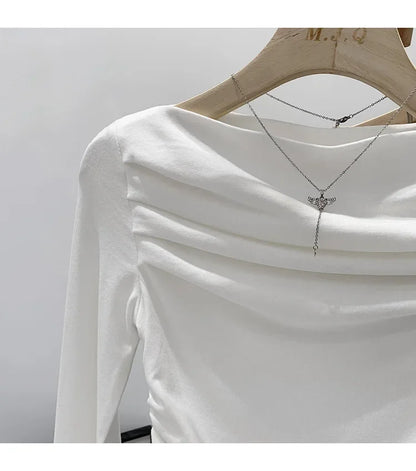 Spicy Girl Style One-Collar Ruffles Cropped Long Sleeve T-Shirt Women's Autumn/Winter New Arrival Base Layer Sweatshirt.