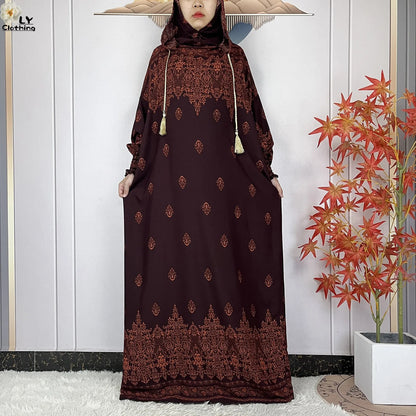 2025 Women Long Sleeves Dress Cotton Ramadan Abaya with Two Hats Muslim Women's Kaftan Dress Dubai Turkey Islam Prayer Clothing