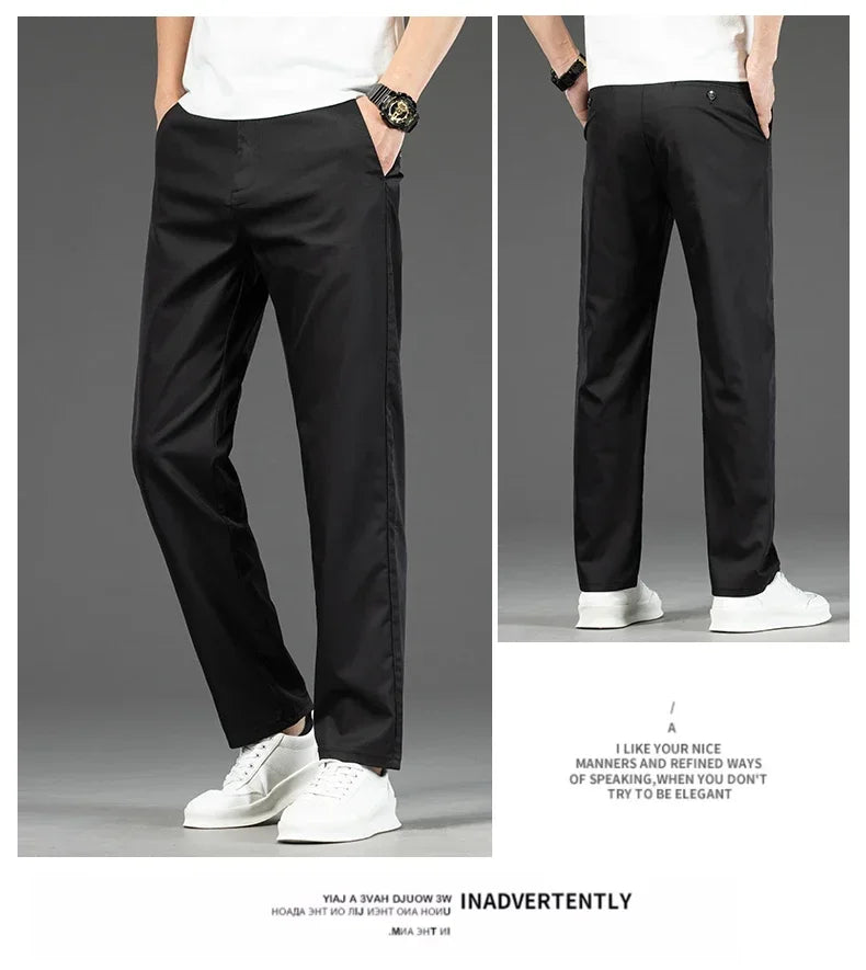 Thin Men Bamboo Summer Pants Casual High Quality Business Classic Fashion Stretch Slim Formal Straight Trousers Black Gray Khaki